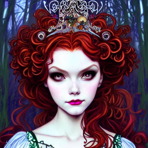 Prompt: a modern gothic lolita version of Princess Merida, face, fantasy, intricate, elegant, highly detailed, digital painting, artstation, concept art, smooth, sharp focus, illustration, art by Gerald Brom and Jasmine Becket-Griffith and Fernanda Suarez and alphonse mucha