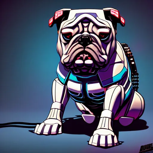 Image similar to « a comic styled cyborg bulldog sitting down, cyberpunk digital art by greg rutkowsky, illustration, sharp focus, highly detailed, future tech, sketchfab »