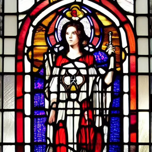 Prompt: full body most beautiful young woman inscribed in the stained glass of gothic church, detailed, photorealistic, cinematic