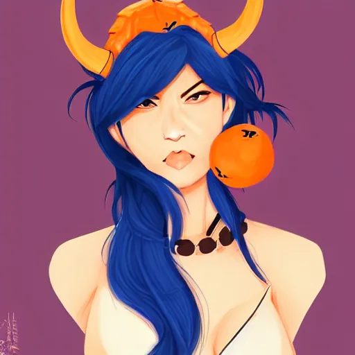 Prompt: horned devil woman with blue bob hairstyle and with tan-orange colored skin and with solid black eyes wearing leather by rossdraws