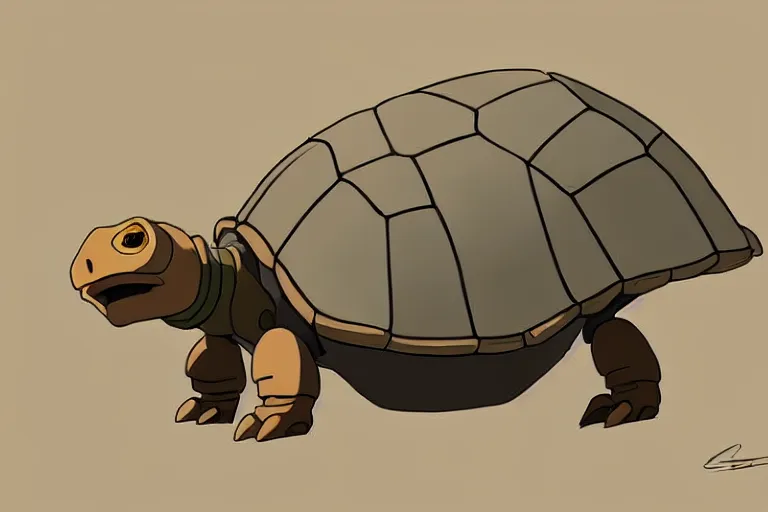 Image similar to a study of a cell shaded cartoon of a beige mechanical tortoise from howl's moving castle ( 2 0 0 4 ), at a gas station, full body, wide shot, very muted colors, post grunge, studio ghibli, laurie greasley, highly detailed, deviantart, art by artgem