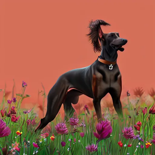 Image similar to girl riding a giant doberman in a field of flowers, trending on artstation