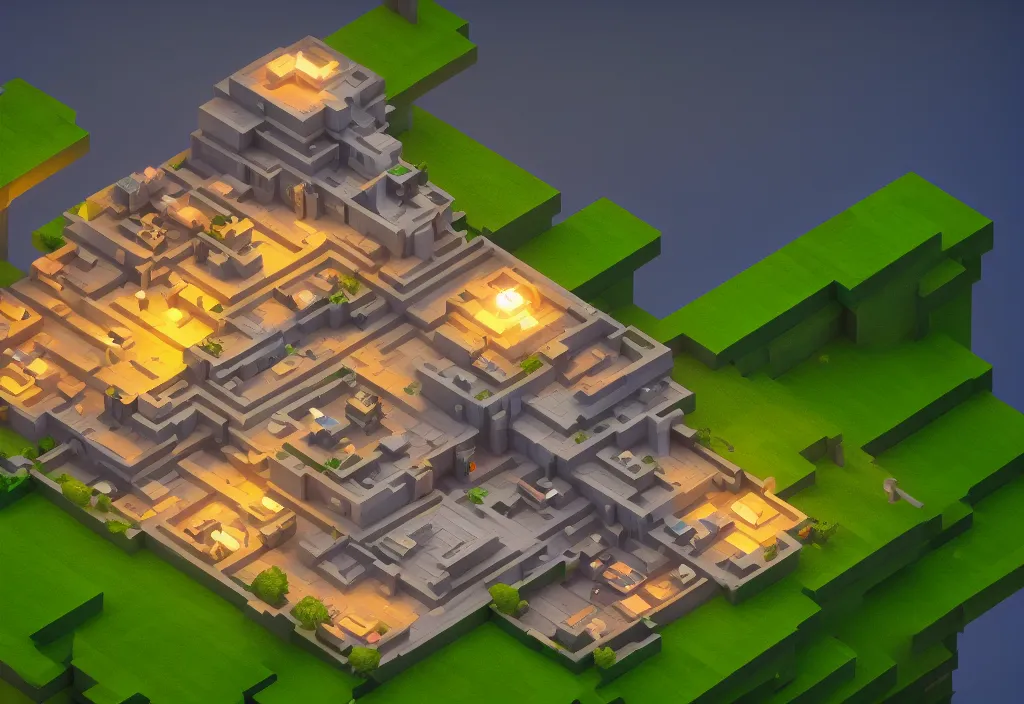 Image similar to isometric house on a mountain top magicavoxel cinematic lighting, 4k