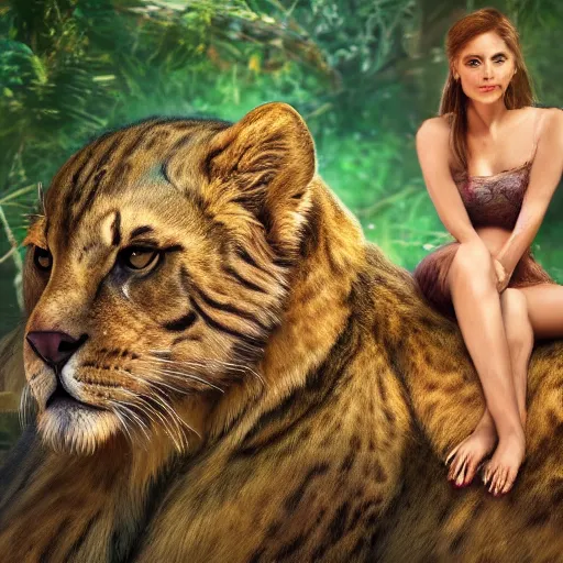 Prompt: a portrait of a beautiful woman sitting on the back of a giant lion, jungle queen, wild cat, highly detailed, 4k