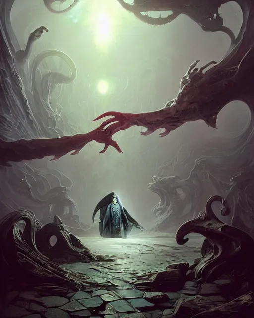 Prompt: Photo realistic picture of H.P. Lovecraft meeting C'thulhu, by Peter Mohrbacher, Mark Brooks, Jim Burns, Marina Abramović, Wadim Kashin, Greg Rutkowski, trending on Artstation