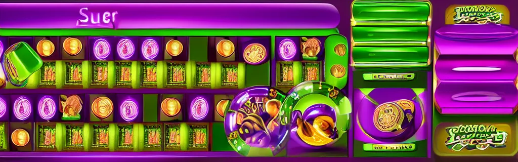 Prompt: purple and green slots casino interface, material design