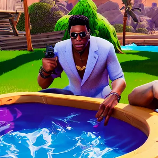 Image similar to scarface playing fortnite in his hottub