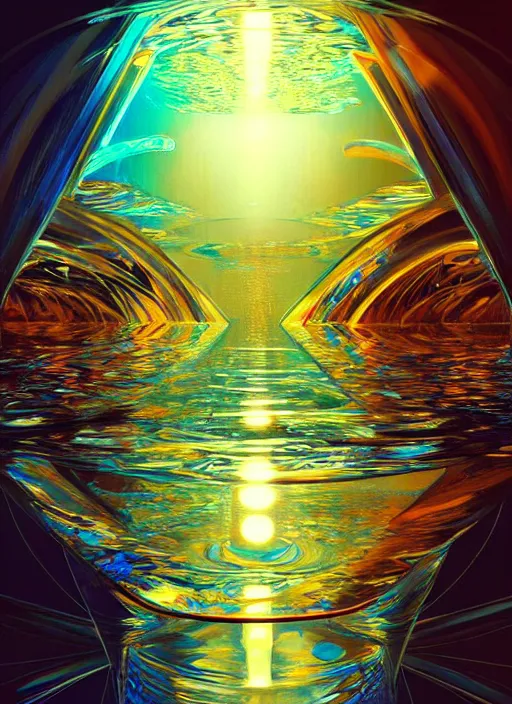 Image similar to air, water, refraction, reflections, mirrors, prisms, sunlight, glowing lights!! intricate elegant, highly detailed, digital painting, artstation, concept art collage, smooth, sharp focus, art by eyes reflecting into eyes reflecting to infinity