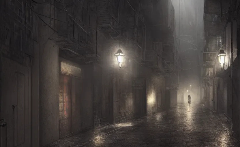 Prompt: dim lit, hongkong dark alley street with a man walking, depth of field, very atmospheric, matte painting, artstation