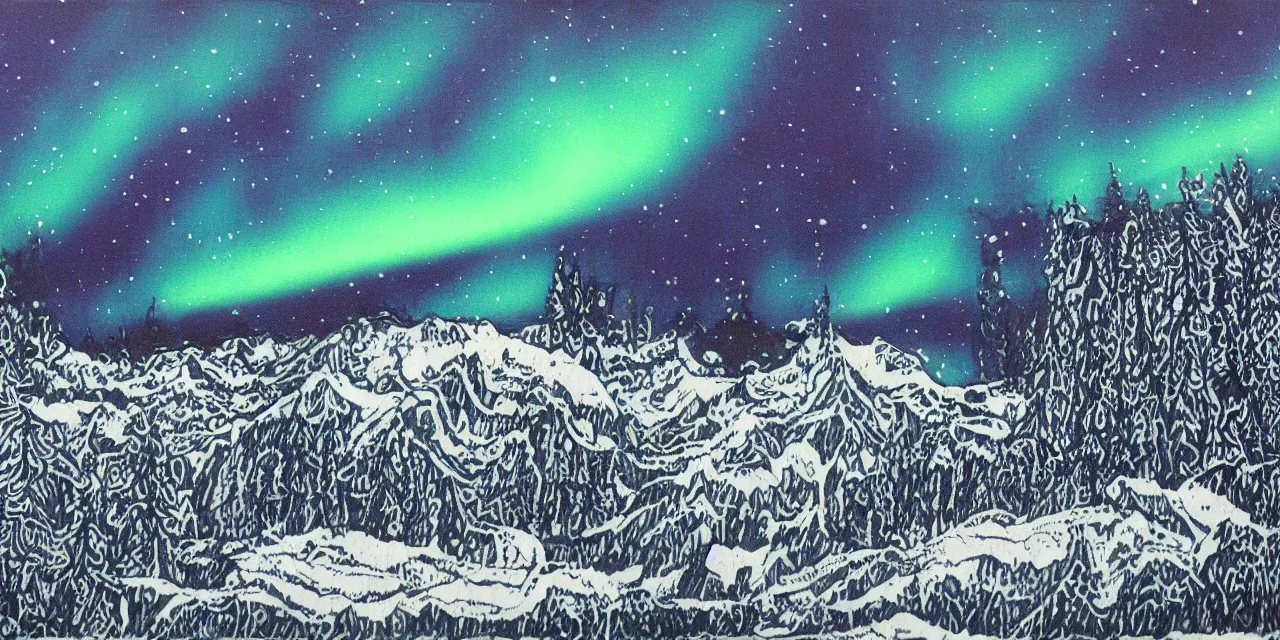 Image similar to laurentian appalachian mountains during winter, original and creative black ink surrealist landscape artwork, snowy night, aurora borealis, fascinating textures, drips