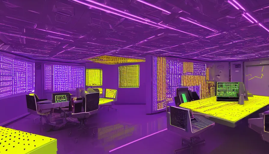 Prompt: geometric cavern control panel room with intricate, led computer interfaces on every surface. a robot assistant is idle inside a transparent container. purple and yellow color scheme, dark lighting, high contrast, high detail, octane render, ray - tracing, 4 k, high quality desktop wallpaper