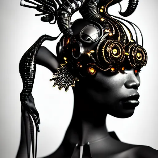 Image similar to portrait of an absurdly beautiful, graceful, sophisticated, fashionable black cyberpunk mechanoid gravure idol, hyperdetailed illustration by irakli nadar, maria borges, matt wisniewski style, intricate linework, dark black skin, neon jellyfish headdress, ivory carved ruff, unreal engine 5 highly rendered, global illumination, radiant light, detailed and intricate environment