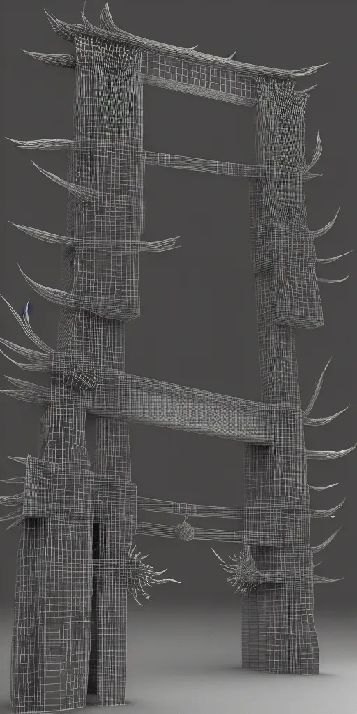 Image similar to 3 d render of a torii gate sculpture, chrometype, liquid metal, neotribal with thorns, japanese temple, raytraced, volumetric lightning, 8 k, by zheling xu, wlop, ouchh and and innate studio