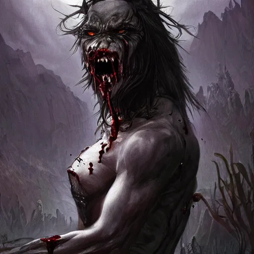 Image similar to Dark Fantasy Painting of a werewolf with blood dripping from its mouth, creepy, unsettling, horror, upper body, intricate, wild, highly detailed, digital painting, artstation, concept art, smooth, sharp focus, illustration, art by artgerm and greg rutkowski and alphonse mucha