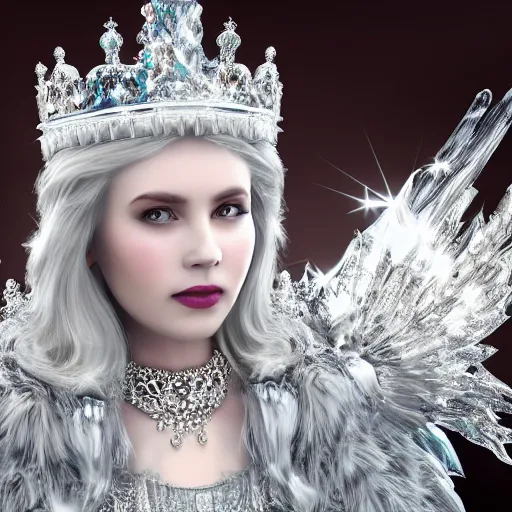 Prompt: beautiful ice queen with ornate cloak and crown, highly detailed, 4k, HDR, sharp focus, hyper realistic,