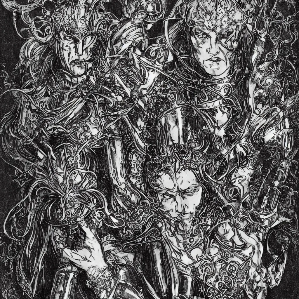 Image similar to A dramatic art nouveau bust portrait of Elric in black shining armor, holding a rune-engraved black broadsword that glows with eldritch power, wearing an intricately detailed chaos star crown, by P. Craig Russell, Michael Kaluta and Jia Ruan, fantasy, crisp lighting and edges, dark ambience, malevolent expression, determination, fear, confidence, accurate symmetrical facial details, aquiline facial features, medieval fantasy designs, white wolf, four color comic book style