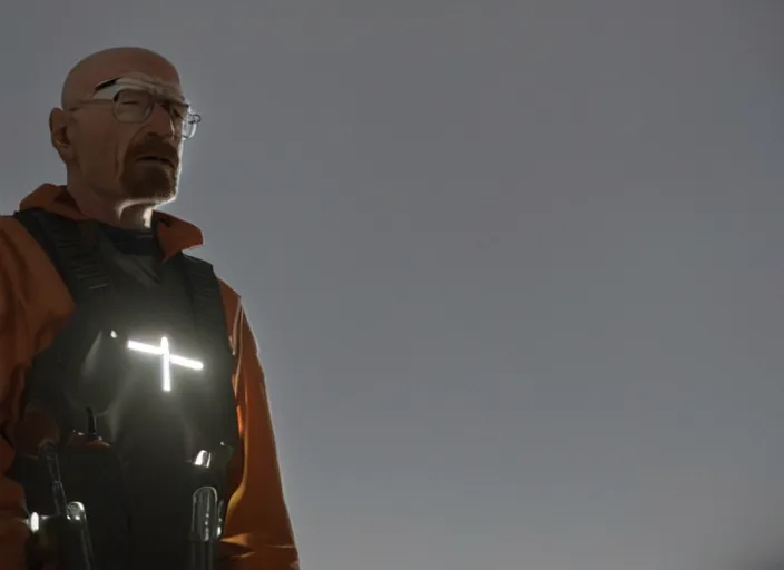 Image similar to film still of Walter White as Gordan Freeman wearing Black Mesa Jumpsuit in the Half Life Movie, 4k