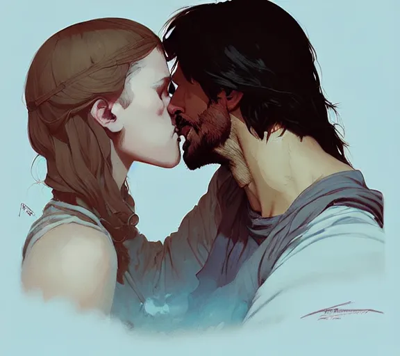 Image similar to portrait of aragorn kissing arven by atey ghailan, by greg rutkowski, by greg tocchini, by james gilleard, by joe fenton, by kaethe butcher, dynamic lighting, gradient light blue, brown, blonde cream and white color scheme, grunge aesthetic