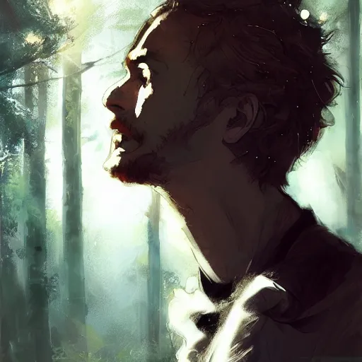 Image similar to a tall figure standing in the aspen forest, !dream portrait of a feminine boy with curly shoulder length dirty blond hair, wearing a white t shirt and black work apron, dramatic lighting, illustration by Greg rutkowski, yoji shinkawa, 4k, digital art, concept art, trending on artstation