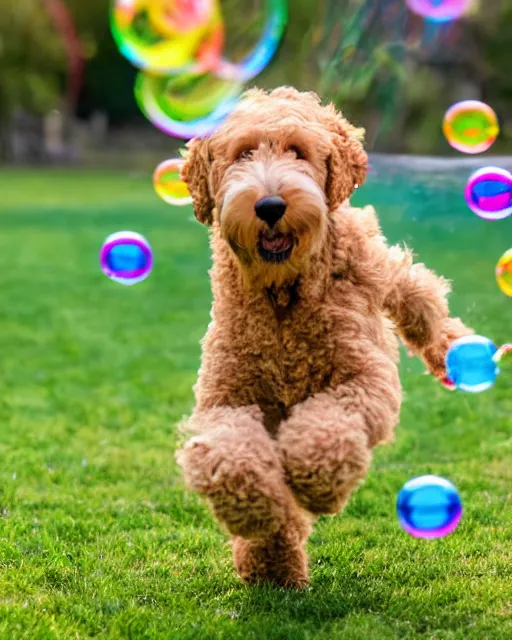 Prompt: stock photos of a golden doodle puppy chasing after a toddler who is blowing giant soap bubbles