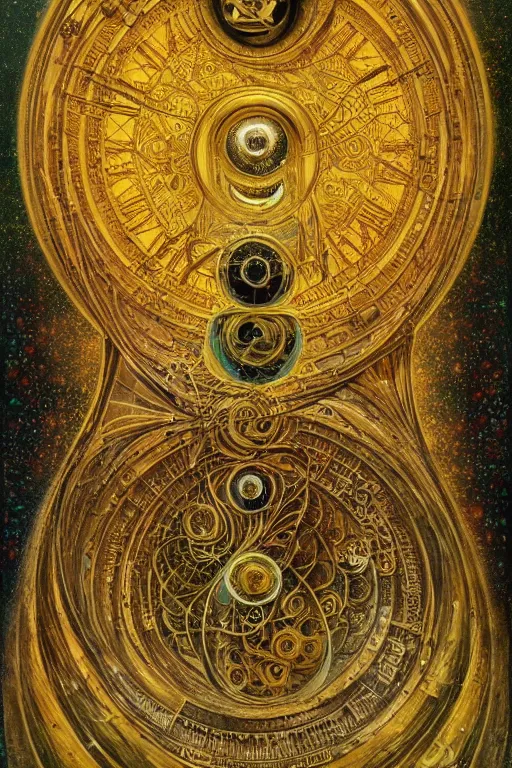 Prompt: The Helliquary by Karol Bak, Jean Deville, Gustav Klimt, and Vincent Van Gogh, otherworldly, fractal structures, arcane, clockface, spiral clock, inferno, inscribed runes, reliquary, infernal relics, ornate gilded medieval icon, third eye, spirals