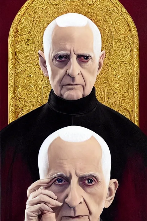 Prompt: a bald pale sorcerer in his late nineties. stately and dour in his expression. eyeliner accentuates his sunken eyes. a high black turtleneck covers his thin neck. opulent white golden red robe. white leather gloves with gold decoration, his face like benedict xvi, sharp focus, art by magali villeneuve