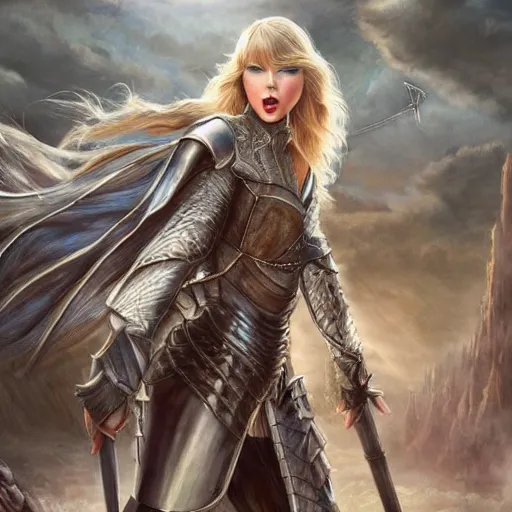 Image similar to the picture of taylor swift in a knight armor, epic fantasy art, mystical, mystic atmosphere, mythology, photo realistic, high detail, ultra realistic, hyper realistic, high definiton, 4 k uhd,