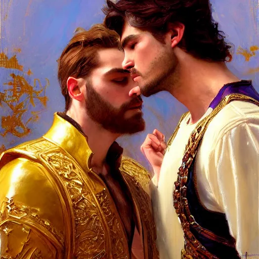 Image similar to attractive fully clothed king confesses his love for his attractive fully clothed male prince. highly detailed painting by gaston bussiere, craig mullins, j. c. leyendecker 8 k