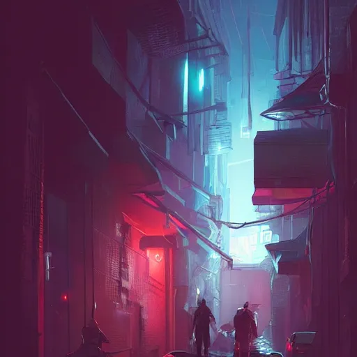 Image similar to epic digital matte paining of a dark alleyway in a cyberpunk city at nighttime by jama jurabaev and denis villeneuve, extremely detailed, artstation