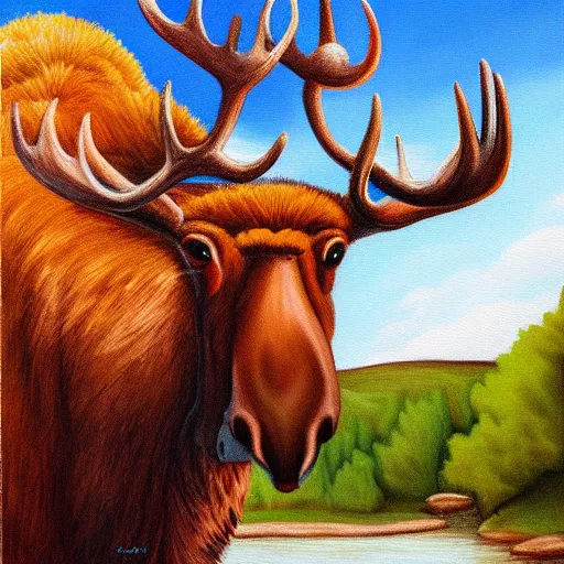 Prompt: painting of a happy moose smoking a pipe