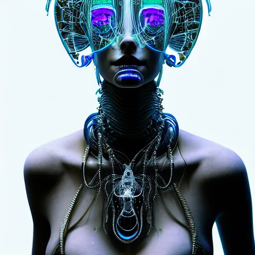 Image similar to portrait of an absurdly beautiful, graceful, sophisticated, fashionable cyberpunk mechanoid gravure idol, ultrafine hyperdetailed illustration by irakli nadar, matt wisniewski style, intricate linework, porcelain skin, neon jellyfish headdress, iridescent siamese fighting fish necklace, unreal engine 5 highly rendered, global illumination, radiant light, detailed and intricate environment