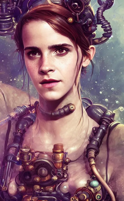 Image similar to underwater steampunk biopunk portrait of emma watson, au naturel, hyper detailed, digital art, trending in artstation, cinematic lighting, studio quality, smooth render, unreal engine 5 rendered, octane rendered, art style by klimt and nixeu and ian sprigger and wlop and krenz cushart.