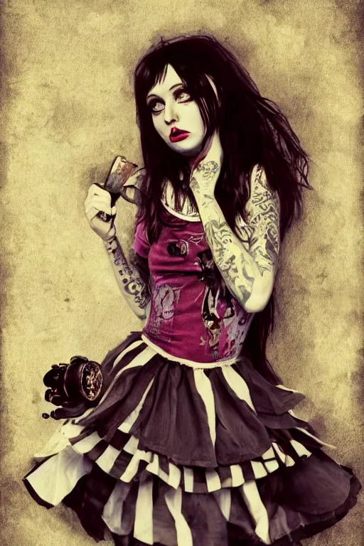 Image similar to Beautiful female, full body, Alice in wonderland, punk rock, piercings, tattoos, skirt, midriff, dramatic lighting, cinematic, establishing shot, extremely high detail, foto realistic, cinematic lighting, post processed, concept art, high details, cinematic, 8k resolution, beautiful detailed, photorealistic, digital painting, artstation, concept art, smooth, sharp focus, artstation trending, octane render, unreal engine