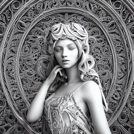 Prompt: wonderful princess made of marble, beautiful face, hyper detailed, flowing psychadelic background intricate and detailed, ornate 8 k gorgeous intricate detailed, octane render, black and white