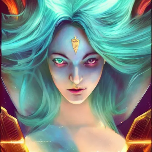 Prompt: a beautiful tarot card of sona with teal colored hair with deep red highlights, female, league of legends, space fantasy, in the style of magic the gathering, volumetric lighting, octane render, cosmic, god rays, intricate detail, cinematic, 8 k, cel shaded, unreal engine, concept art, matte, sharp focus, illustration, art by greg rutkowski and alphonse mucha