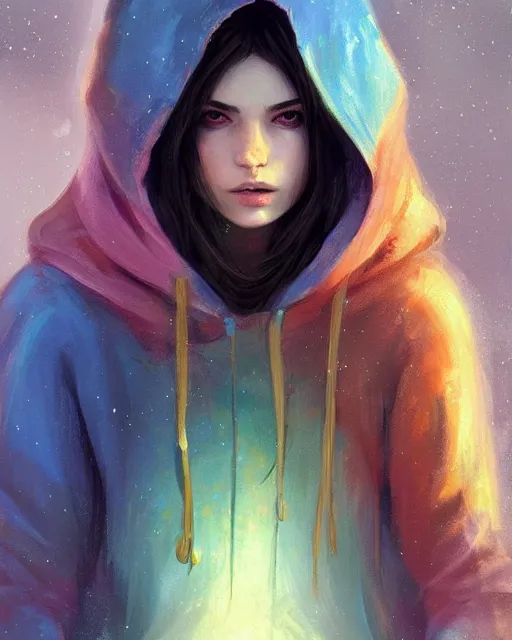 Image similar to colorful and Festive Captivating mage girl, with brown hair, a blue hoodie, serious looking, atmospheric lighting, painted, intricate, highly detailed by Charlie Bowater