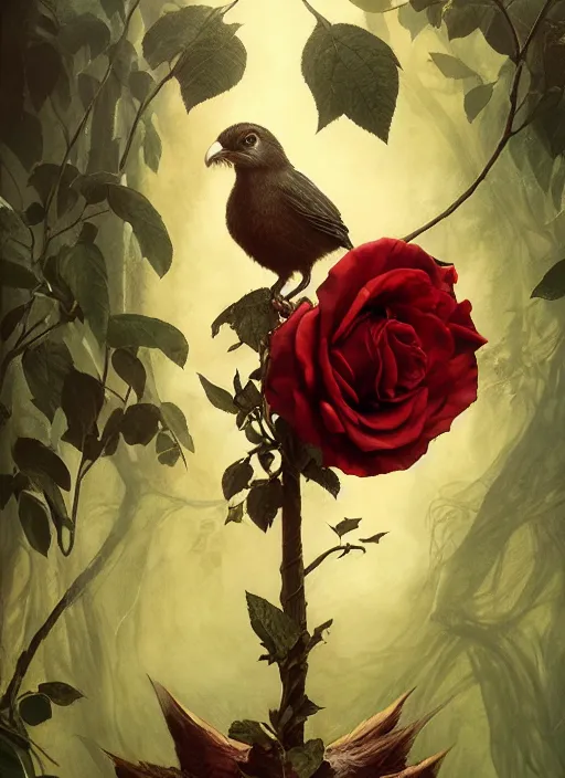 Image similar to the bird has grown its arms and is holding a rose, hyperrealism, no blur, 4 k resolution, ultra detailed, style of tyler edlin, tom bagshaw, arthur rackham, ivan shishkin