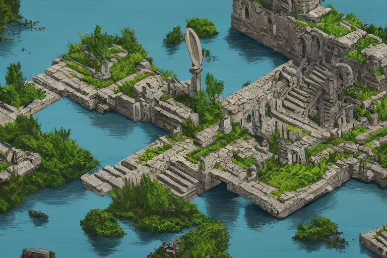 Image similar to ancient city, lake, plants, isometric art, isometric illustration, artstation, highly detailed, post processing, cinematic lighting + masterpiece