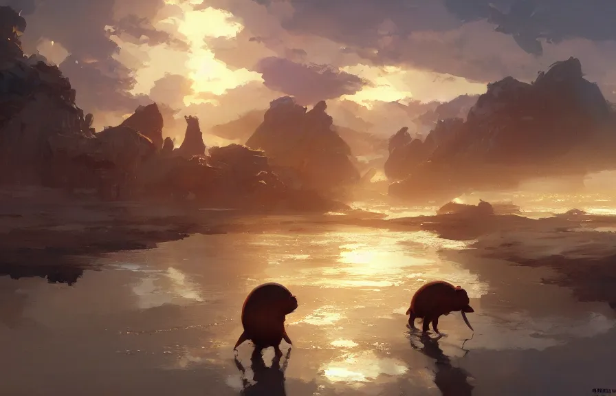 Image similar to greg manchess concept art of a the capybara dimension, key visual, ambient lighting, highly detailed, digital painting, artstation, concept art, sharp focus, by makoto shinkai and akihiko yoshida and hidari and wlop and greg rutkowski