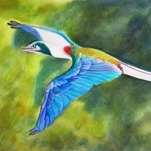 Prompt: A realistic painting of a Quetzal in flight, watercolour, pastel colours
