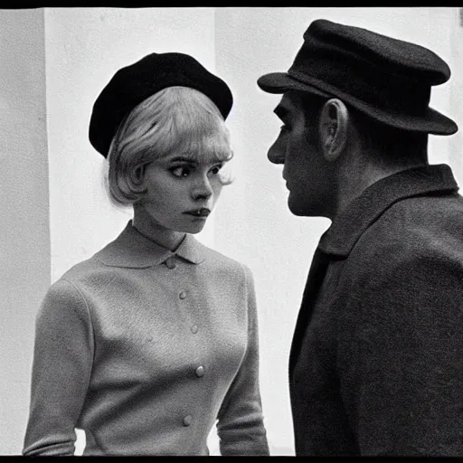 Image similar to still from a masterpiece 1 9 6 0 s french art film, very beautiful and elegant girl in beret with large eyebrows with an angry expression while talking to a man, moody lighting, viewed from afar, cinematic shot, the movie is in color