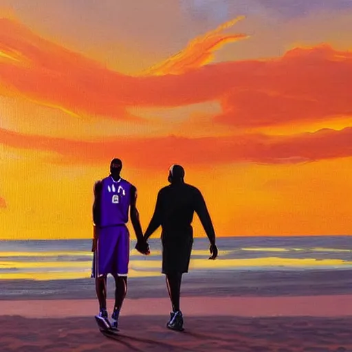 Image similar to lebron james and kobe bryant at the beach, golden hour, majestic painting, couple sitting facing the sunset, holding hands, 2 3, 2 5