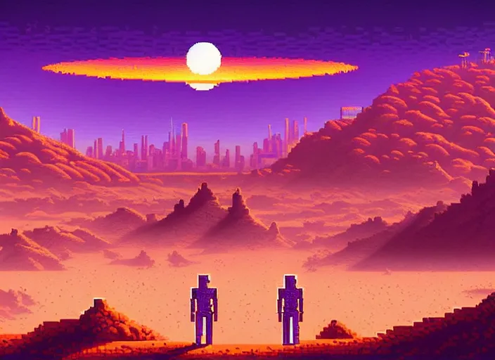 Image similar to detailed pixel art, science fiction pc game point - and - click adventure, lucas arts, desert with city in the skyline, two suns, purple orange colors, sharp focus, illustration, highly detailed, digital painting, concept art, matte, art by wlop and artgerm and greg rutkowski, masterpiece