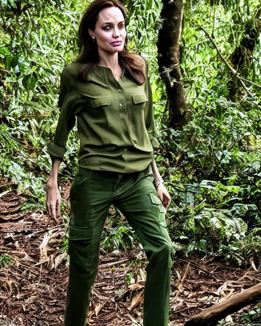 Image similar to angelina jolie wearing a green long sleeved shirt and cargo pants, encounters wild gorillas in the forests of the congo, photographed in the style of national geographic