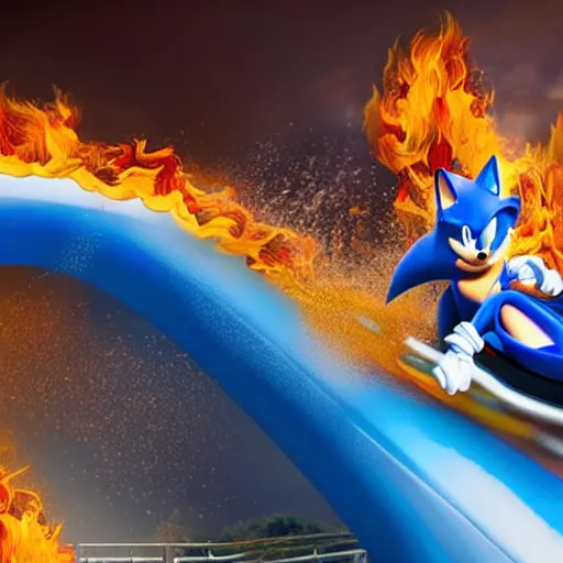 Prompt: hyper realistic sonic riding a roller coaster on fire in disney land