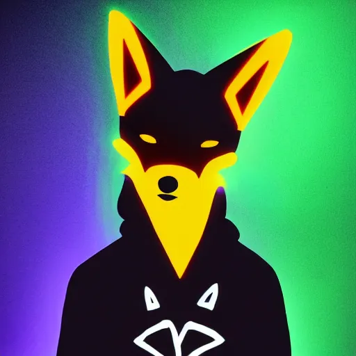 Image similar to a fox wearing a black hoodie with glowing neon stripes, in the style of anime