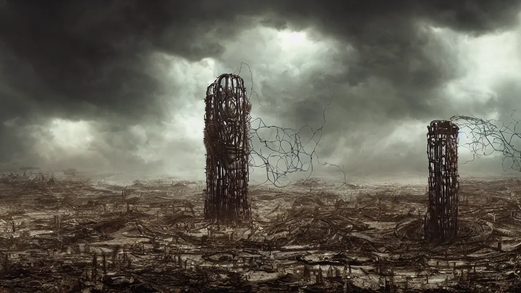 Image similar to giant evil bio-organic fleshy complex machine tower with tendrils and one eyeball at the top looking over a stormy post-apocalyptic wasteland, dystopian art, film still from the movie directed by Denis Villeneuve with art direction by Salvador Dalí, wide lens