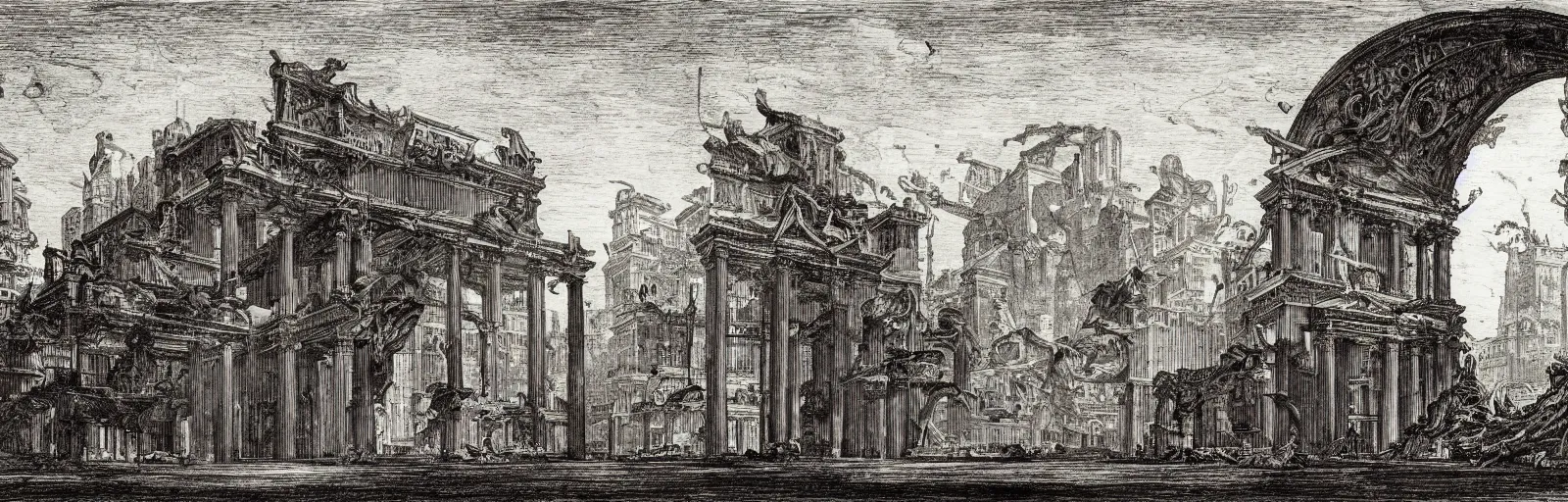 Image similar to a imaginative and theatrical architectural prison landscape, etching by giovanni battista piranesi