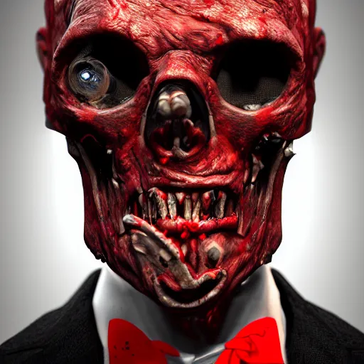 Prompt: highly detailed zombie with half his head brain out of the skull one falling eye no jaw dirty shredded clothes black suit red tie, highly detailed, centered, realism, provided by unreal engine, artstation, art, ( ( 1 9 3 0's photography ) ), kodak, canon