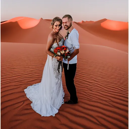 Image similar to bride and groom in the middle of the sahara desert, canon eos r 3, iso 2 0 0, 1 / 1 6 0 s, 8 k, raw, unedited, symmetrical balance, in - frame